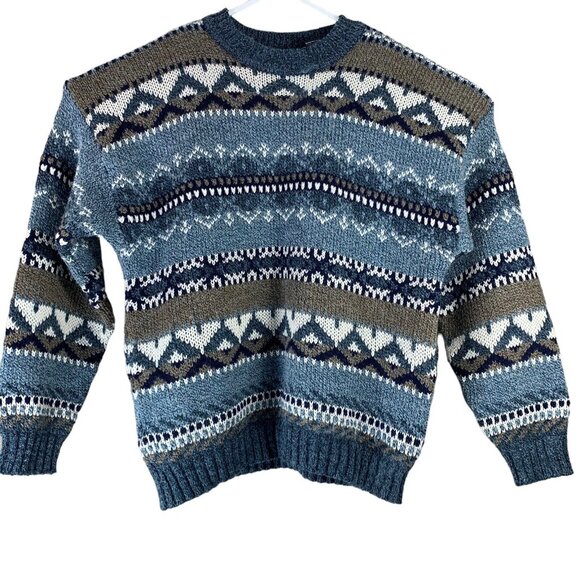 XL Sweater Wool Blend Striped Geometric Blue White Long Sleeved Pullover - Picture 1 of 4